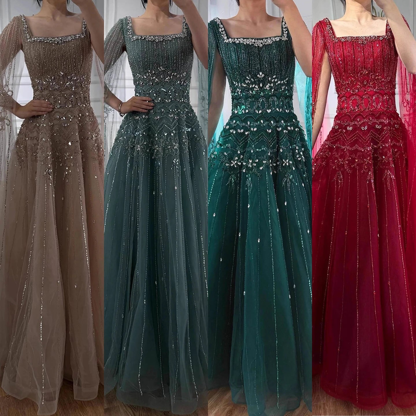 Luxury Caramel A-Line Beaded Evening Dress with Cape Sleeves LA73089A - SERENE HILL