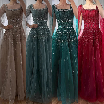Luxury Caramel A-Line Beaded Evening Dress with Cape Sleeves LA73089A - SERENE HILL