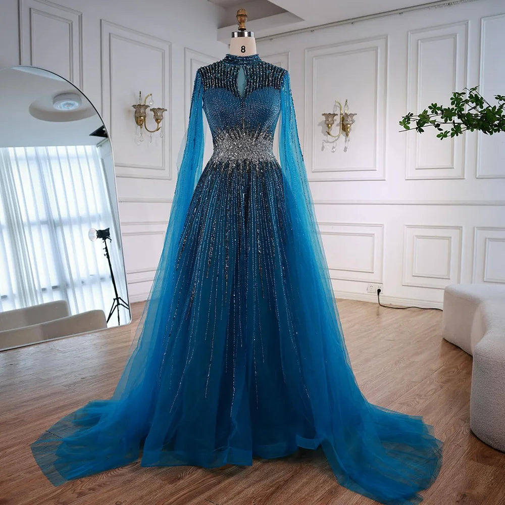 Luxury Modest Blue Beaded Evening Dress with Cape LA73059 Blue / 8 Luxury Modest Blue Beaded Evening Dress with Cape LA73059 Blue / 8