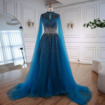 Luxury Modest Blue Beaded Evening Dress with Cape LA73059 - SERENE HILL