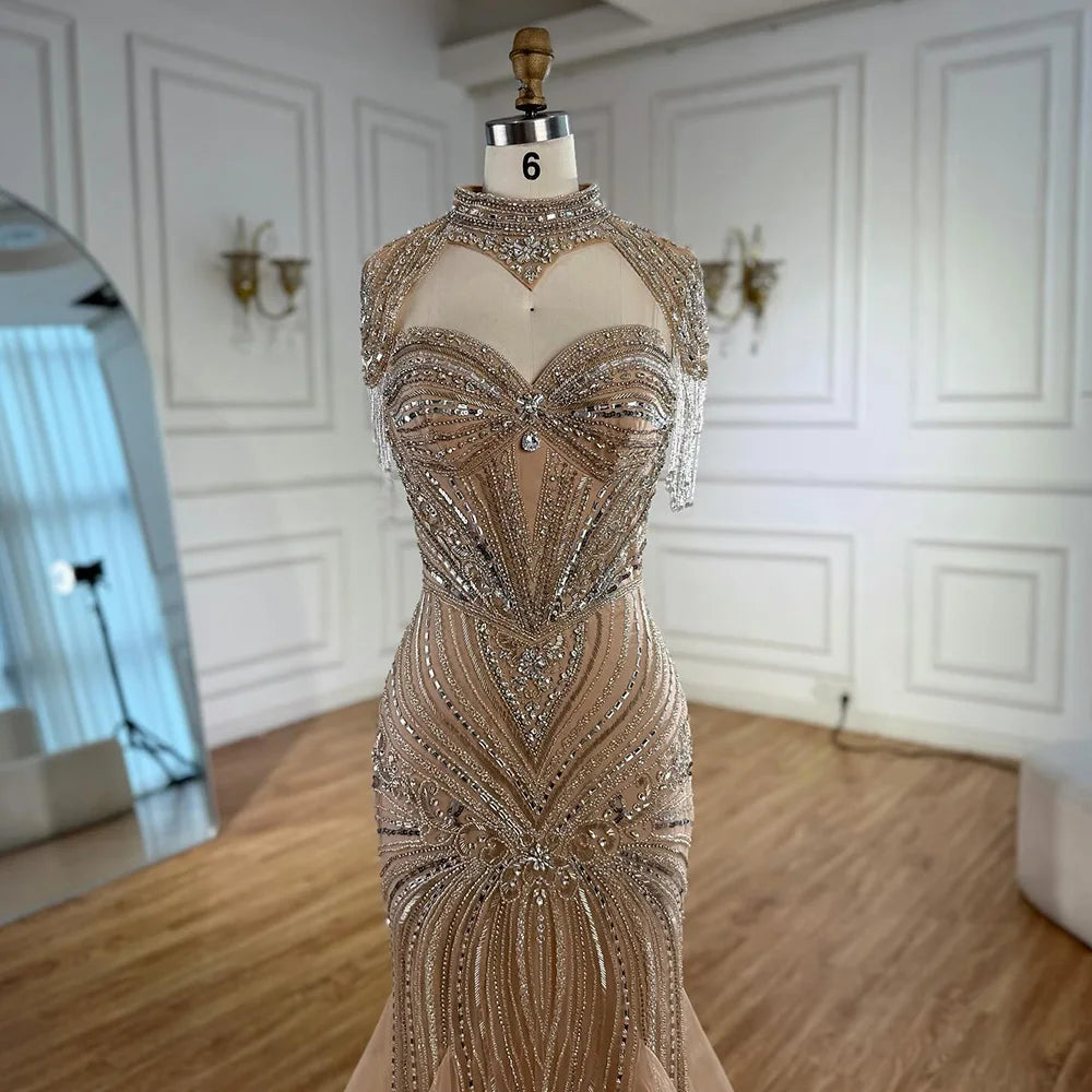 Luxury Nude Beaded High Neck Mermaid Evening Dress LA72897 - SERENE HILL