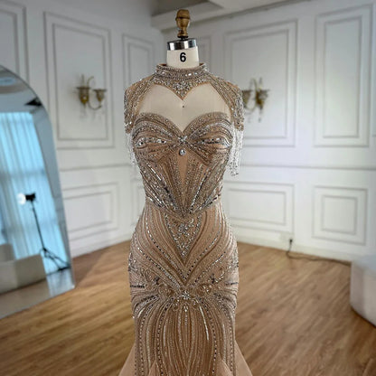 Luxury Nude Beaded High Neck Mermaid Evening Dress LA72897 - SERENE HILL