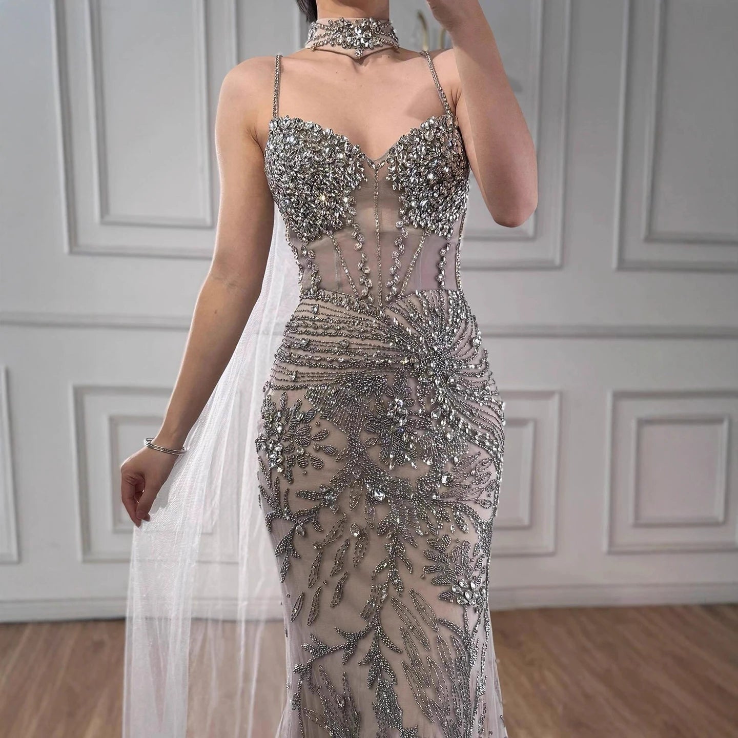 Luxury Evening Dress Grey Beaded With Cape Prom Gown LA73342 - SERENE HILL