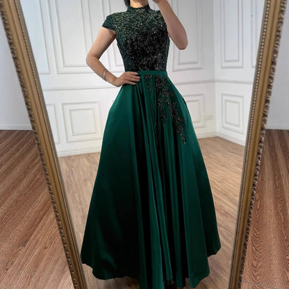 Serene Hill Satin Green A-Line Beading Evening Gowns 2025 Dubai High Collar Cap Sleeves Formal Dress Design LA70761 - SERENE HILL