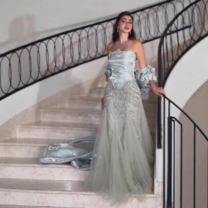 Luxury Sage Green Beaded Mermaid Evening Dress with Balloon Sleeves LA73201 - SERENE HILL