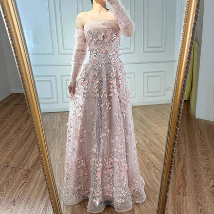 Elegant Pink 3D Flowers Evening Dress with Gloves LA72912 - SERENE HILL
