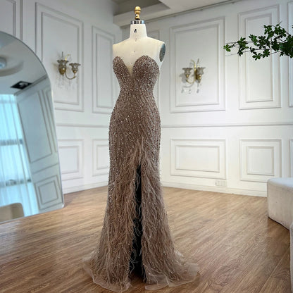 Luxury Blue Feather Beaded Evening Dress with Side Skirt LA72695 - SERENE HILL