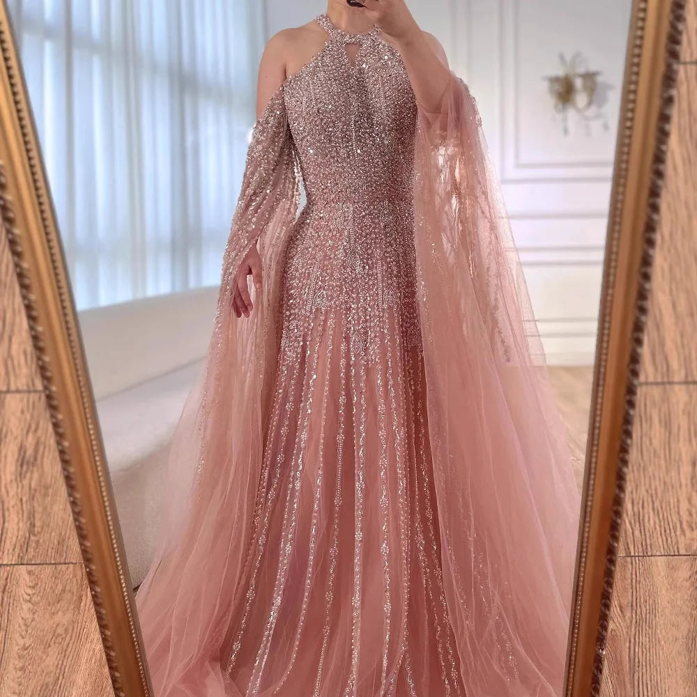 Luxury Turquoise Beaded A Line Evening Dress with Cape Sleeves LA72820 - SERENE HILL