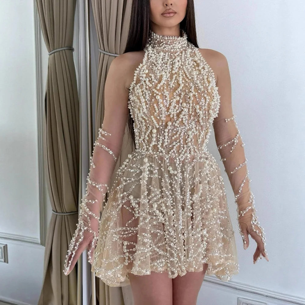 Arabic Nude Pearl Beaded High Neck Short Party Dress with Gloves LA72345D - SERENE HILL
