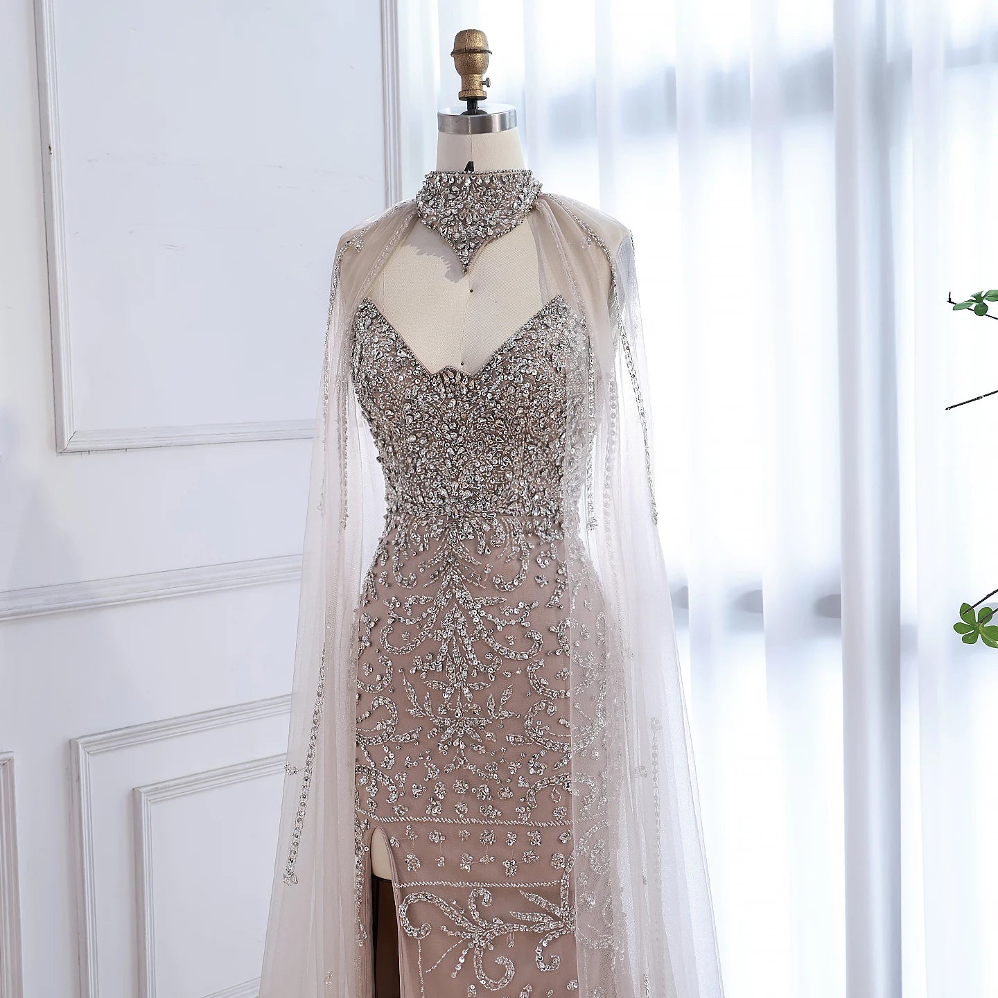 Luxury Sexy Split Evening Dress With Cape Nude LA73339 - SERENE HILL
