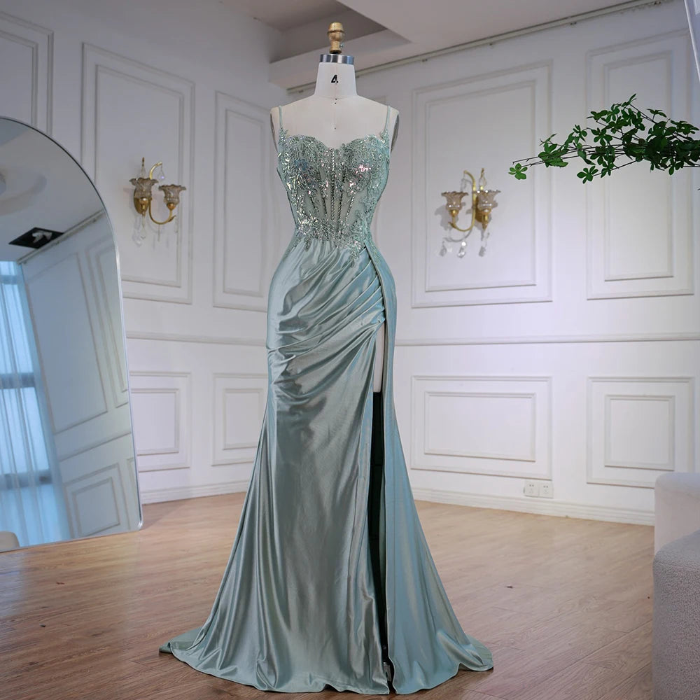 Luxury Mint Green Satin Beaded Prom Dress with Slit LA72995 - SERENE HILL