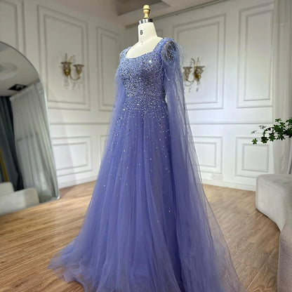 Luxury Blue A-Line Feathers Beaded Evening Dress with Cape Sleeves LA71782A - SERENE HILL