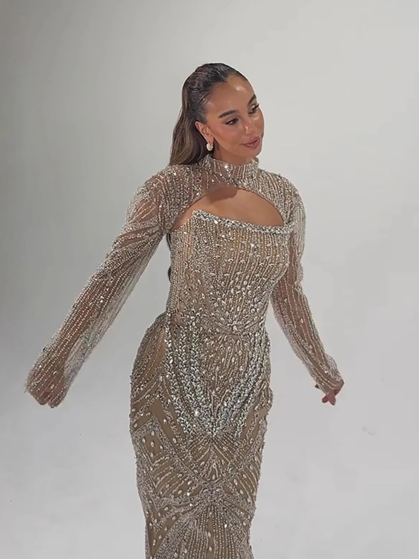 Luxury Arabic Nude Crystal Beaded Mermaid Evening Dress with Jacket LA73376 - SERENE HILL
