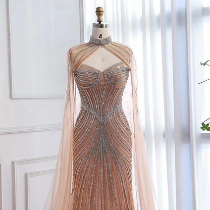 Luxury Nude Mermaid Evening Dress with Cape Sleeves LA73118 - SERENE HILL