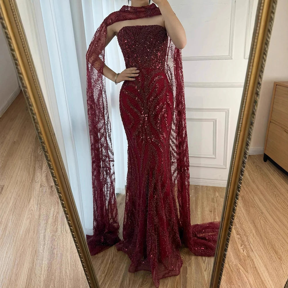 Luxury Nude Beaded Evening Dress with Cape Sleeves LA72824 - SERENE HILL