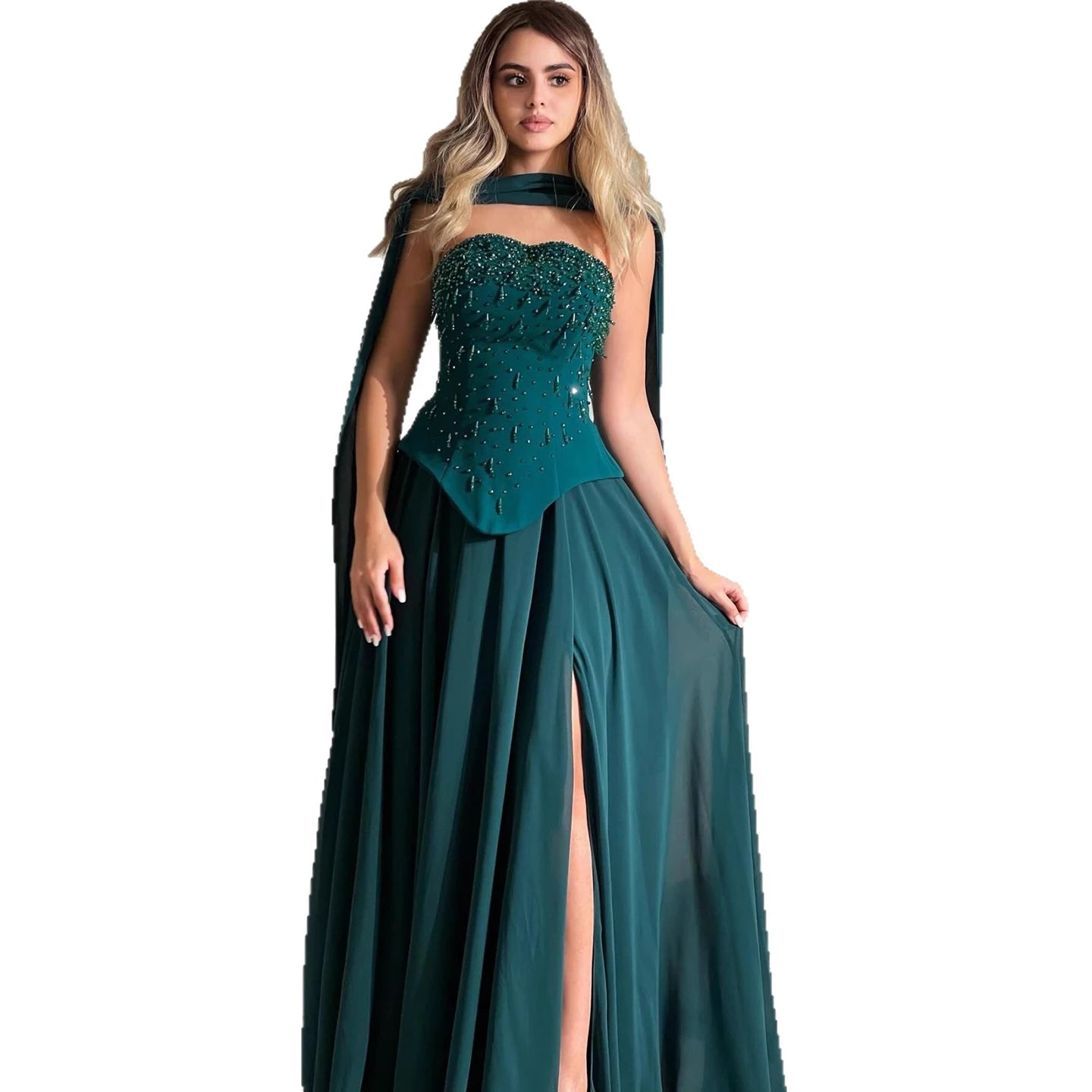 Luxury Green Beaded Corset Evening Dress with Cape LA73367 - SERENE HILL