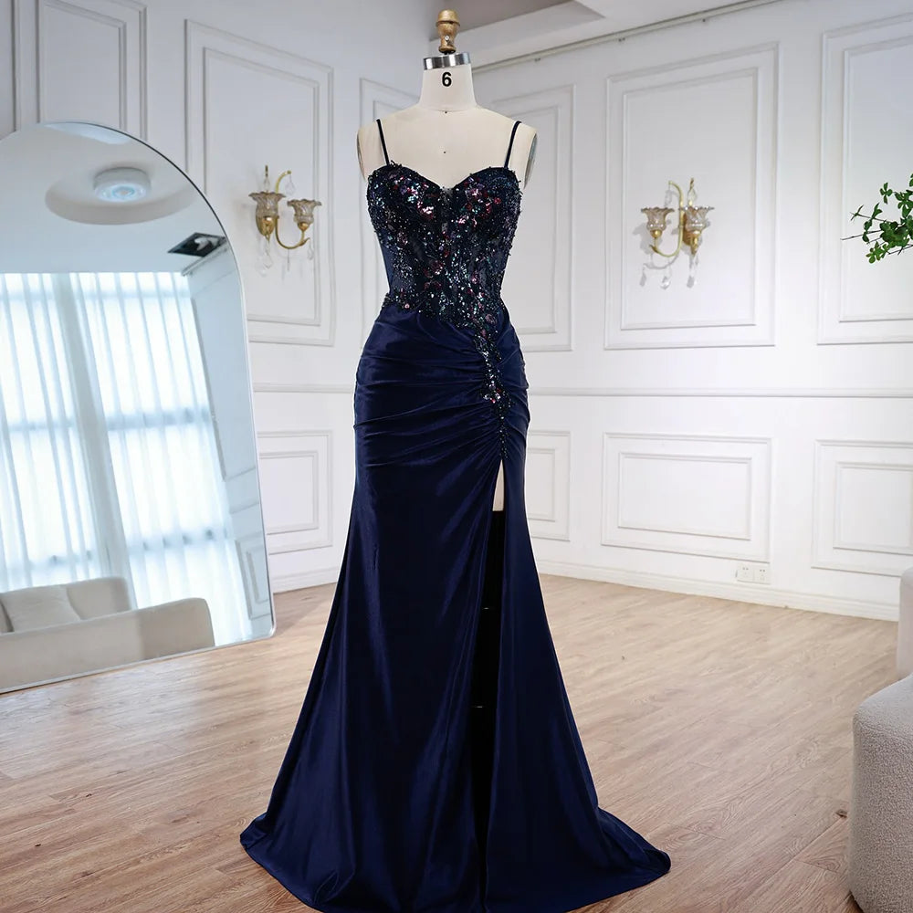Classy Navy Satin Prom Dress with Lace Beaded and Slit LA73003 - SERENE HILL