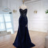 Classy Navy Satin Prom Dress with Lace Beaded and Slit LA73003 - SERENE HILL
