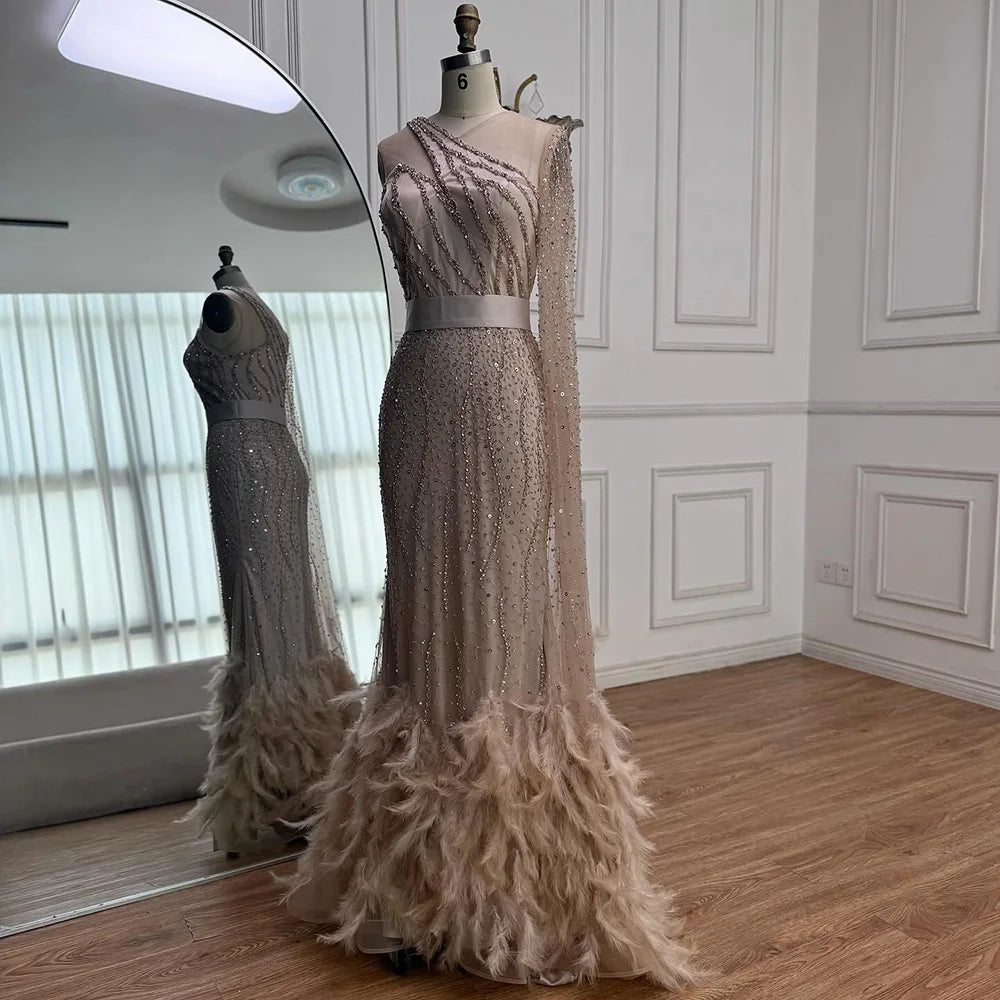 Elegant Nude One Shoulder Feather Beaded Mermaid Evening Dress LA71096 - SERENE HILL