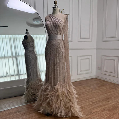 Elegant Nude One Shoulder Feather Beaded Mermaid Evening Dress LA71096 - SERENE HILL