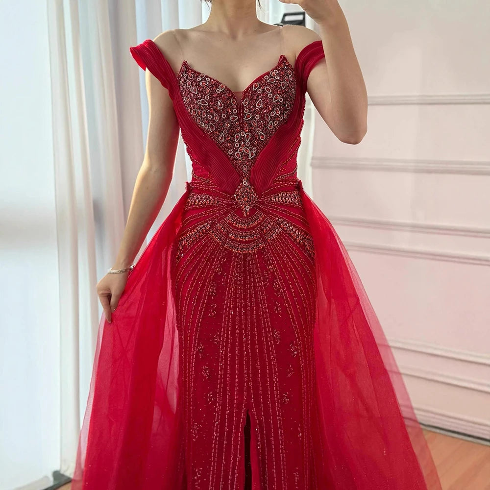 Luxury Nude Beaded Mermaid Evening Dress with Overskirt and Slit LA73034 - SERENE HILL