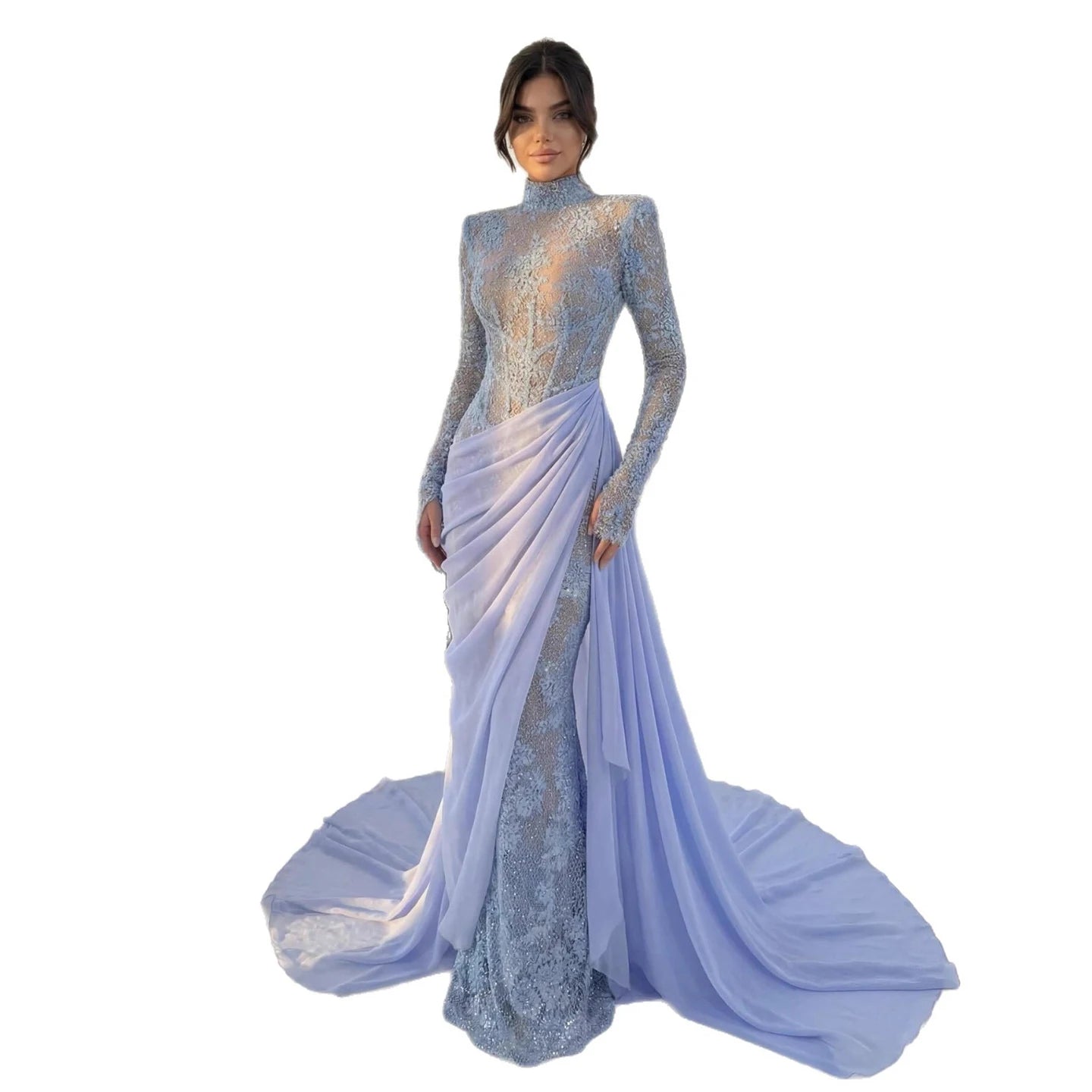 Luxury Blue High Neck Long Sleeves Beaded Mermaid Evening Dress LA73407 - SERENE HILL