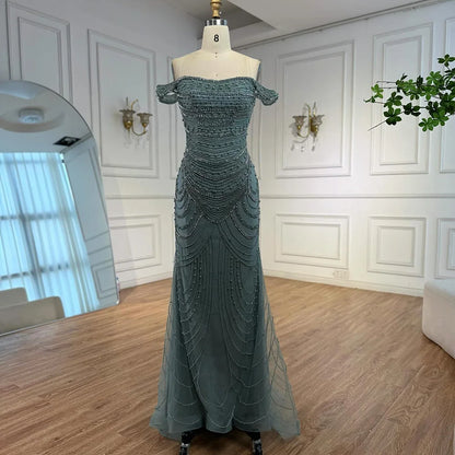 Luxury Arabic Caramel Beaded Mermaid Evening Dress with Pearls SERENE HILL LA72253C - SERENE HILL