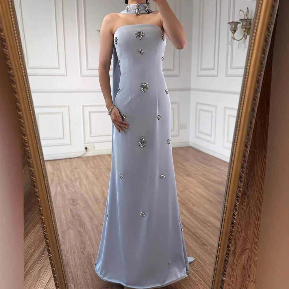 Luxury Pink Arabic Mermaid Crystal Evening Dress with Cape LA73100 - SERENE HILL