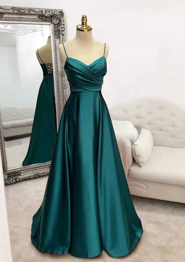 Serene Hill Arabic Green A-Line Spaghetti Straps Floor-Length Satin Prom Dress with Pleats for Women&