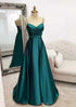 Serene Hill Arabic Green A-Line Spaghetti Straps Floor-Length Satin Prom Dress with Pleats for Women&