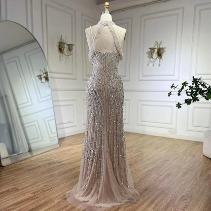 Luxury Silver Nude Beaded Evening Dress with Spaghetti Straps and High Slit LA72047C - SERENE HILL