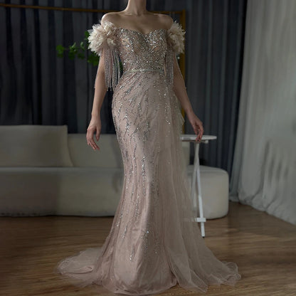 Serene Hill Arabic Dubai Nude Mermaid Luxury Evening Dresses Gowns Boat Neck Beaded Tassel For Women Wedding Party 2025 LA72260 - SERENE HILL