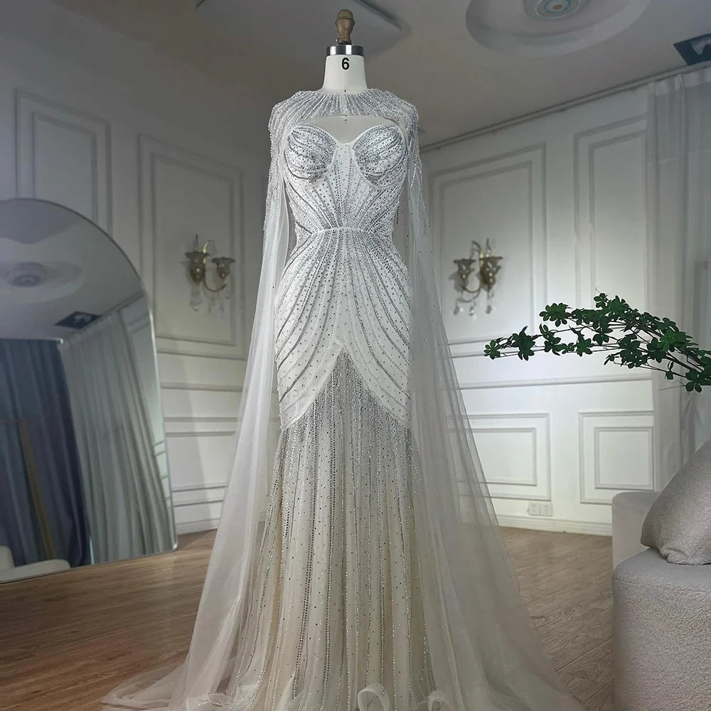 Luxury Blue Beaded Evening Gown with Detachable Cape LA72784 - SERENE HILL