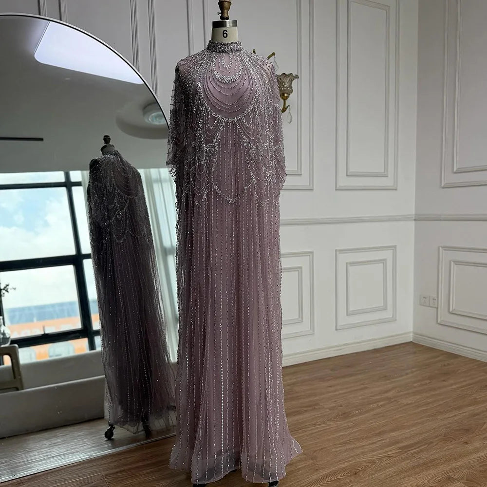Luxury Silver Nude Beaded Mermaid Evening Dress with Cape LA72484A - SERENE HILL
