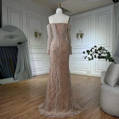 Luxury Beaded Evening Dress Off-Shoulder Long Sleeves Sequins LA72824A - SERENE HILL