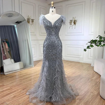 Champagne Luxury V-Neck Sexy Mermaid Evening Dresses 2025 Diamond Feathers Sleeveless Formal Dress Serene Hill LA70350 - SERENE HILL