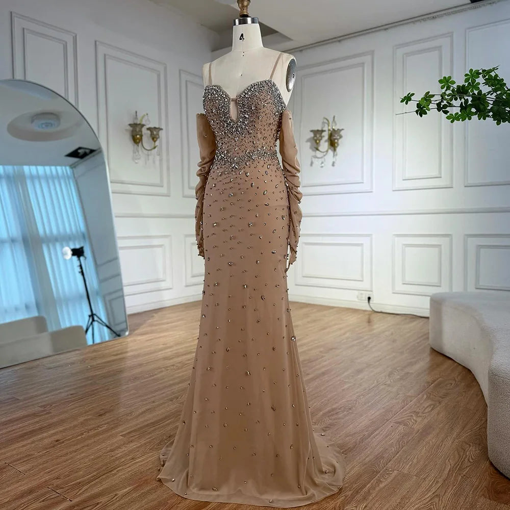 Luxury Nude Beaded Dress with Detachable Sleeves LA73065 - SERENE HILL