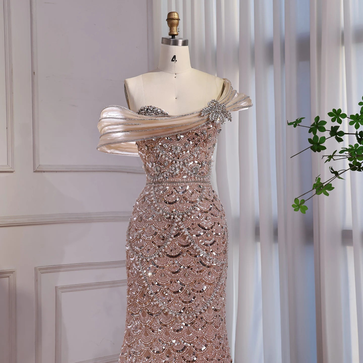 Luxury Nude Beaded Off Shoulder Mermaid Evening Dress LA73365A - SERENE HILL
