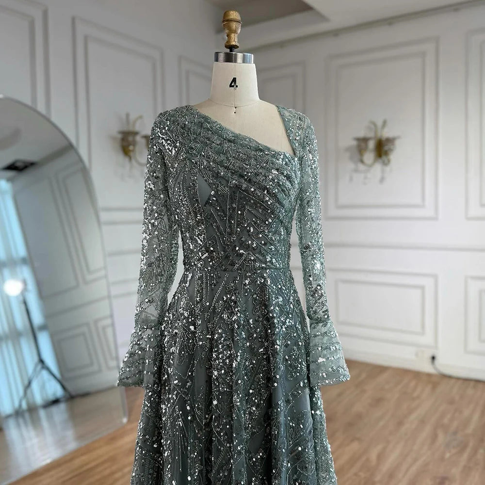 Luxury Turquoise Beaded A-Line Evening Dress with Puffy Sleeves LA73177 - SERENE HILL