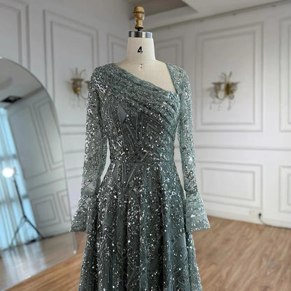 Luxury Turquoise Beaded A-Line Evening Dress with Puffy Sleeves LA73177 - SERENE HILL