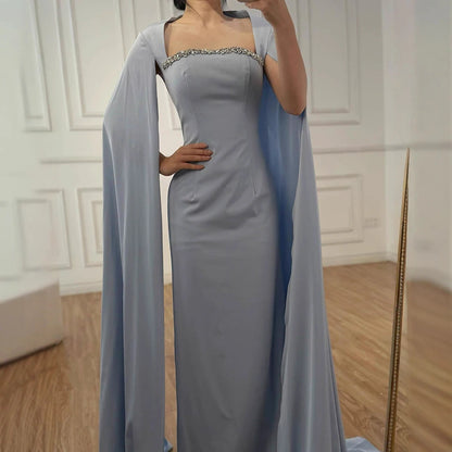 Elegant Blue Mermaid Evening Dress with Cape Sleeves LA72200 - SERENE HILL