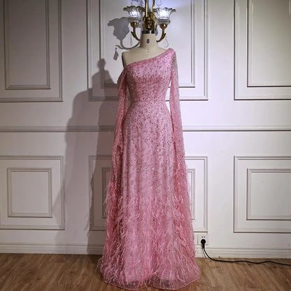 Luxury Feather One Shoulder Evening Dress with Cape Sleeves LA72763 - SERENE HILL