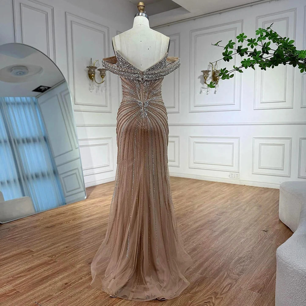 Luxury Nude Arabic Crystal Beaded Mermaid Off Shoulder Evening Dress LA73128 - SERENE HILL