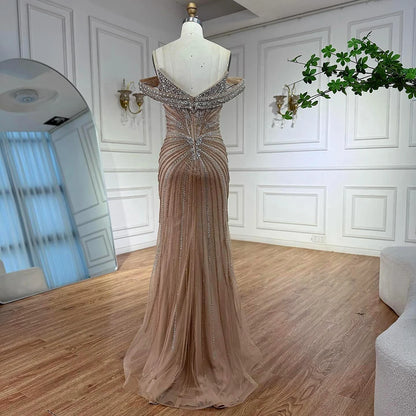 Luxury Nude Arabic Crystal Beaded Mermaid Off Shoulder Evening Dress LA73128 - SERENE HILL