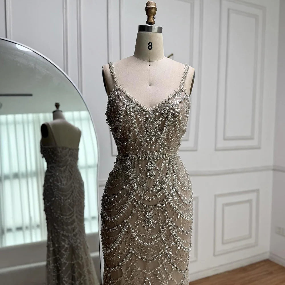 Luxury Nude Beaded Mermaid Evening Dress with Pearls LA72986A - SERENE HILL
