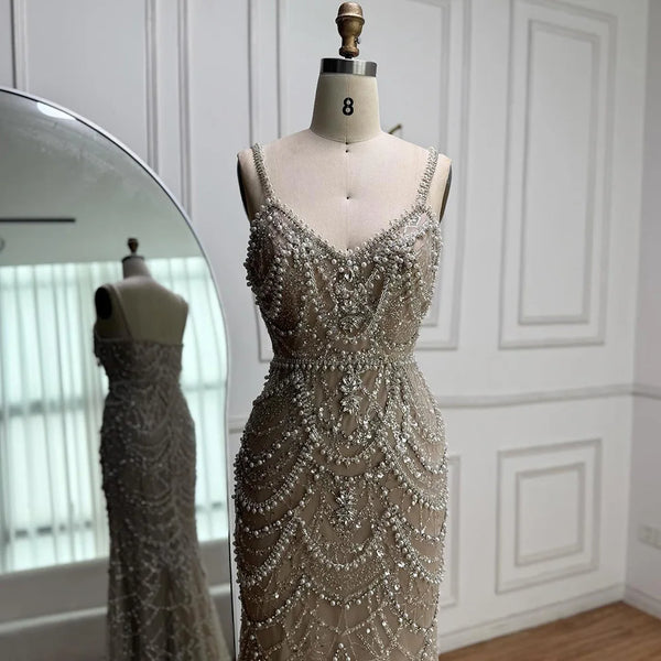 Luxury Nude Beaded Mermaid Evening Dress with Pearls LA72986A