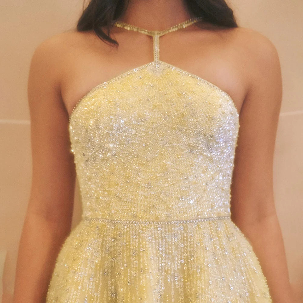 Sparkly Luxury Beaded Yellow Halter Evening Dress Gloves Saudi LA72948 - SERENE HILL
