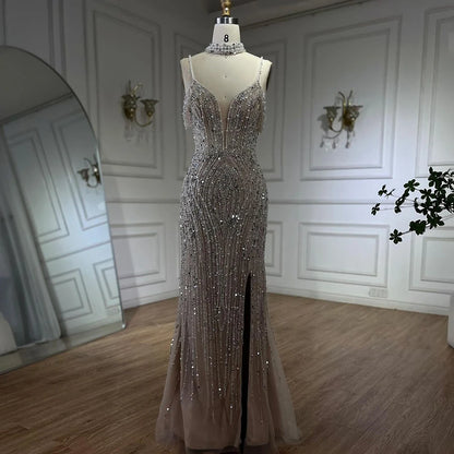 Luxury Silver Nude Beaded Evening Dress with Spaghetti Straps and High Slit LA72047C - SERENE HILL