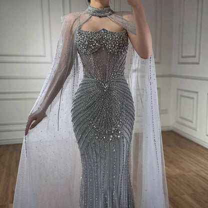 Luxury Turquoise Crystal Beaded Evening Dress with Cape LA73202 - SERENE HILL