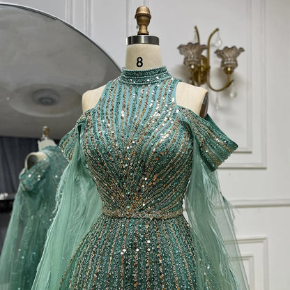 Serene Hill 2025 Arabic Turquoise Cape Sleeves A-Line Beaded Feathers Long Evening Gowns for Women Wedding Party LA72644 - SERENE HILL
